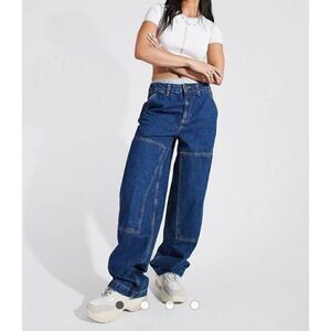 ASOS DESIGN Cotton High Rise Oversized Combat 'Skater' Jean In Darkwash 30/32